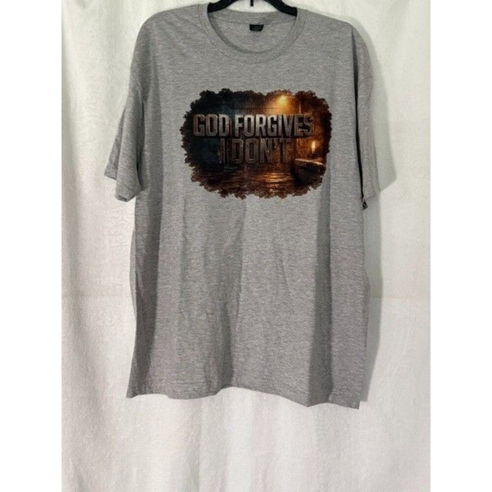 God Forgives I Don’t Men’s XL Gray Graphic T-Shirt Gildan Softstyle Streetwear